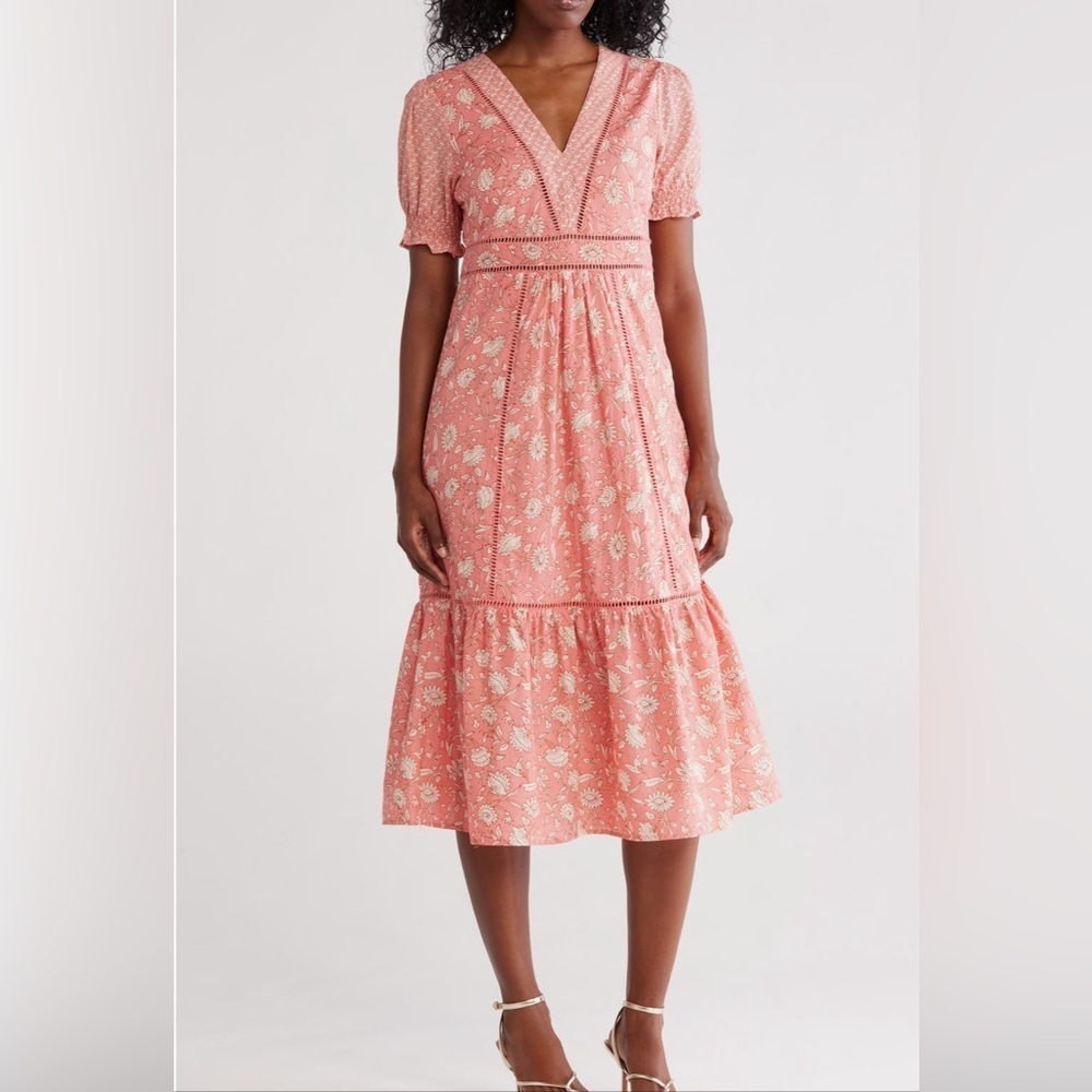 Maisie Elegant Coral Floral Dress with Crochet Trim Side Zipper Various Sizes
